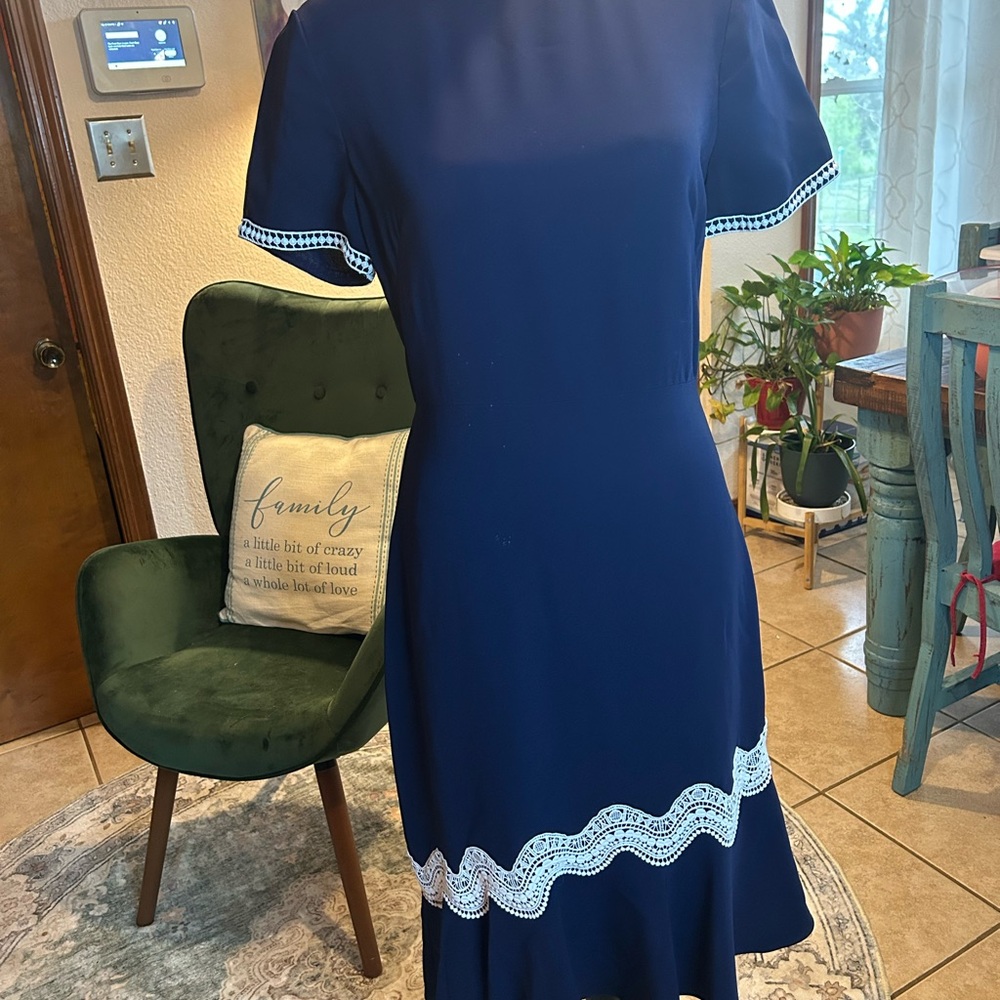 Elegant Navy Blue Dress with White Accents - Picture 2 of 13
